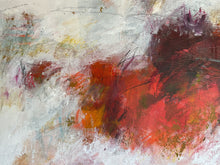 Detail of the abstract painting featuring a dynamic composition of red, orange, and dark brown brushstrokes layered over a textured off-white and gray background.