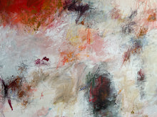 Detail of the abstract painting with expressive brushstrokes in red, orange, pink, gray, black, and beige tones.