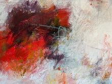 Detail of the abstract painting with expressive brushstrokes in red, orange, white, black, and hints of blue and yellow.