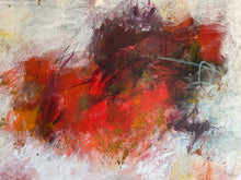 Detail of the abstract painting featuring a dynamic composition of bold red, deep brown, orange, and light blue brushstrokes over a textured off-white background.