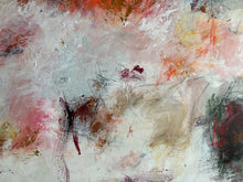 Detail of the abstract painting with layered brushstrokes and splatters in pink, red, beige, gray, yellow, and dark green on a white ground.