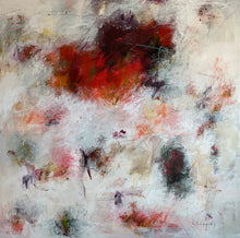 Square abstract painting with a dense burgundy, red and orange concentration across the upper area, surrounded by pale grey, white and pink fields with scattered darker and coloured marks.