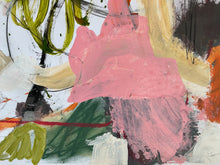 detail of the painting with pink, green, and orange colors on a white background