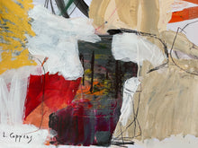 detail of the painting with red, white, and beige colors and signature