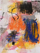 Abstract painting with orange and blue areas, black textured form, and layered marks on a light ground