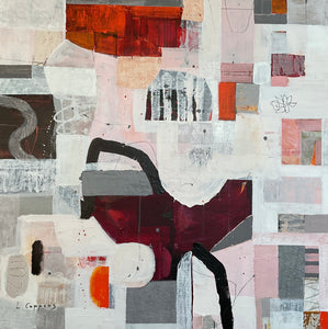 Abstract painting titled 'Whispered Layers' with layered white, pink, and grey background, featuring deep orange, magenta, and dark shapes with jagged edges and dynamic fine lines