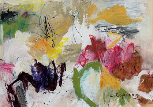 Abstract painting titled 'Whispers of Earth' with dark expressive lines on a light grey and cream background, featuring brushstrokes in muted greens, red-magenta, and yellow-ochres, evoking spring’s renewal