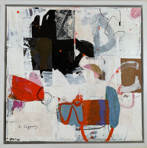 Abstract artwork with various shapes and colors on a textured surface.