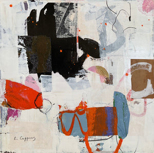 Abstract artwork with black, white, red, and blue elements on a textured background.