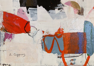 detail of the abstract art piece with colorful shapes and textures, signed L. Coppens.