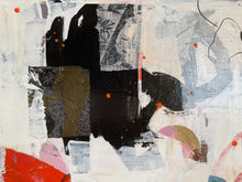 detail of the artwork with black, white, and red shapes on a textured background