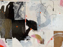 detail of the artwork with black, white, and gray shapes on a textured background