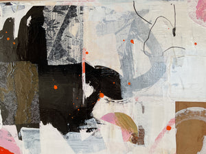 detail of the artwork with black, white, and gray shapes on a textured background