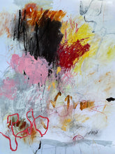 Gestural abstract expression painting with layered marks in earthy red, muted pink, ochre, charcoal, and off-white tones, capturing raw energy and interruption.